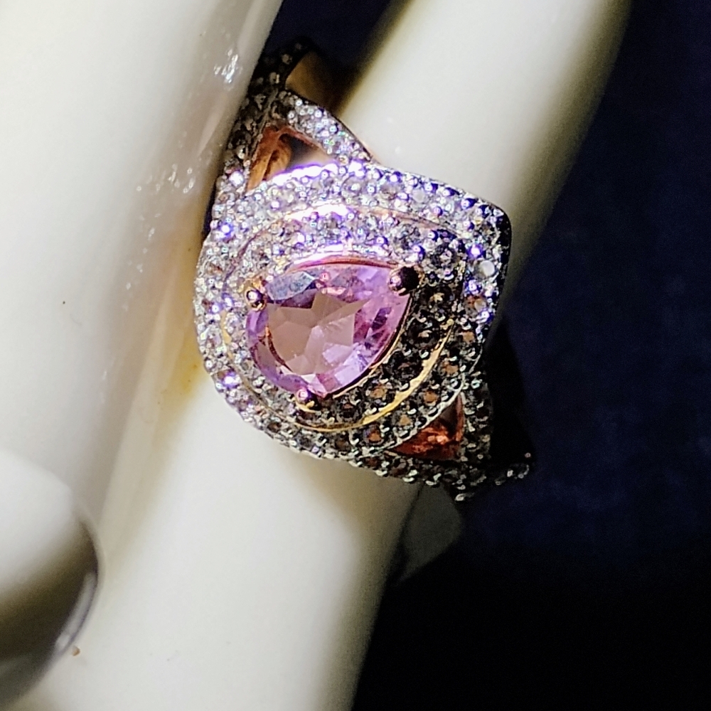 ROSE DE FRANCE, AMETHYST,WRAPPED IN ZIRCON+14K R.G & STERLING. RING.     SIZE 5.